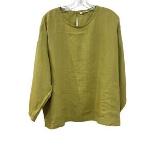 Eileen Fisher Top Womens Medium Green Organic Linen Tunic Long Sleeve Keyhole